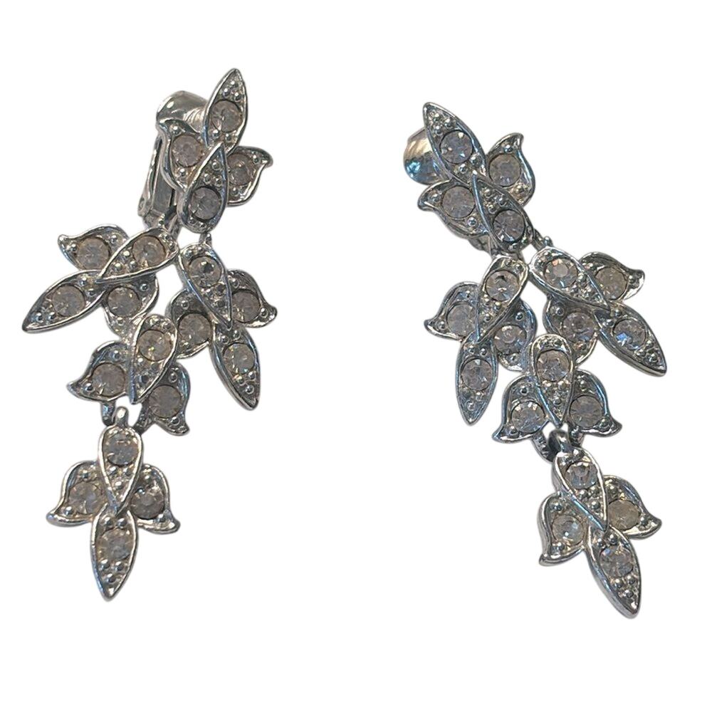 Vintage Sarah Coventry Rhinestone Leaf Clip On Earrings Silver Tone Floral Spray